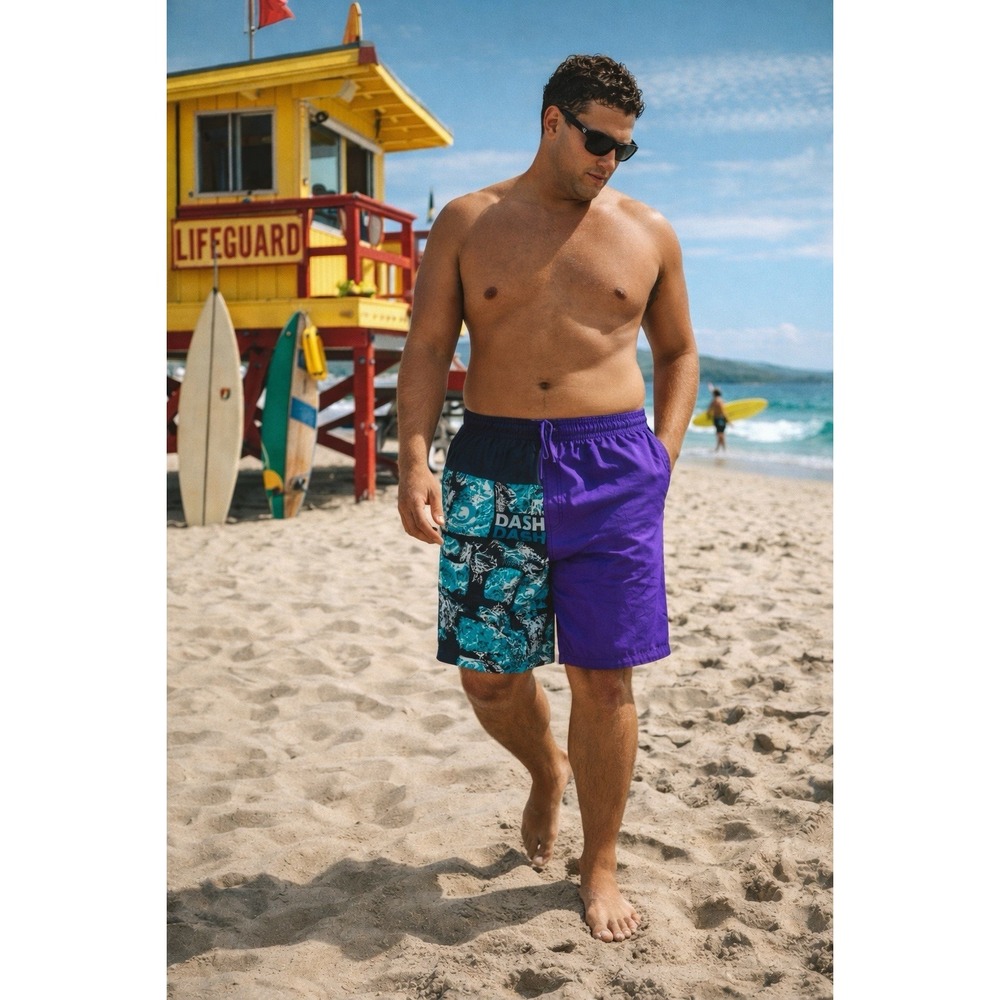 Vintage Dash 90s Colorblock‎ Swim Trunks XL Purple Teal Surf Beach Shorts Mesh - Picture 9 of 9